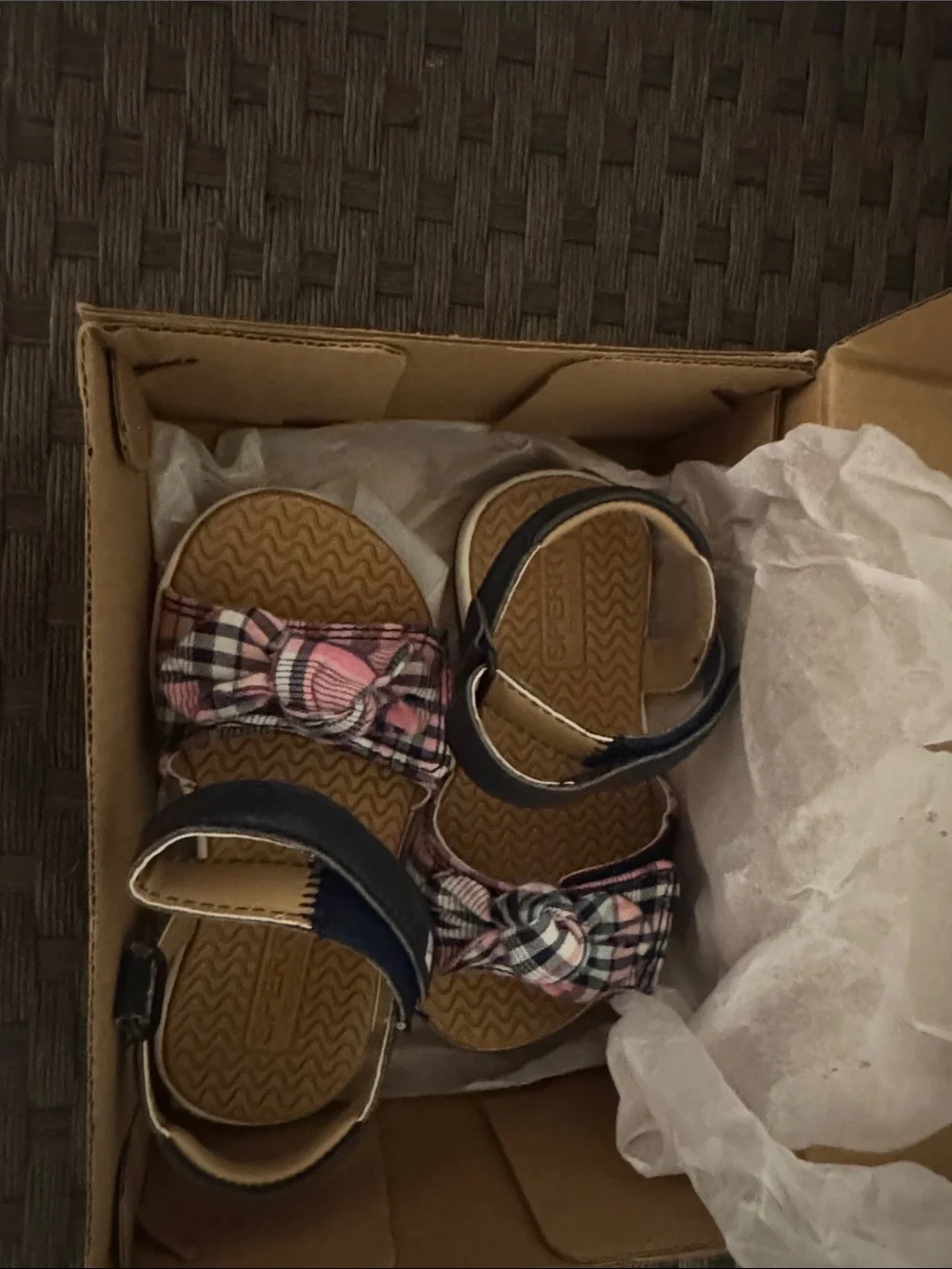 Sperry Girls Navy and Pink Plaid Bow Sandals